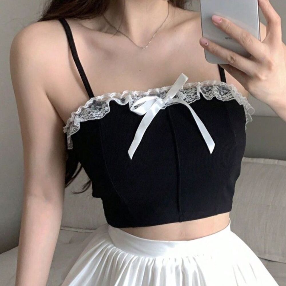 Dazy Women's Black Tank Top White Lace